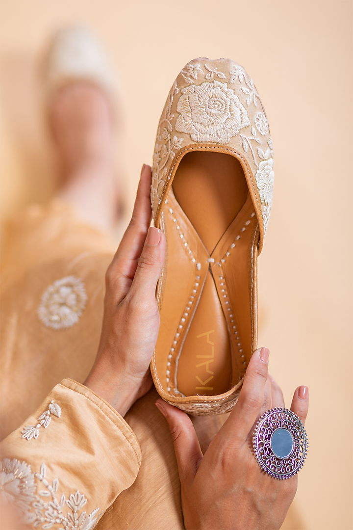 Beige Embroidered Juttis by Kala India at Pernia's Pop Up Shop
