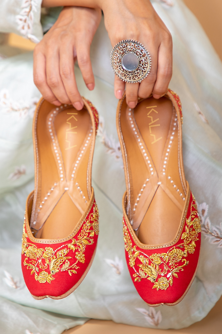 Red Embroidered Juttis by Kala India