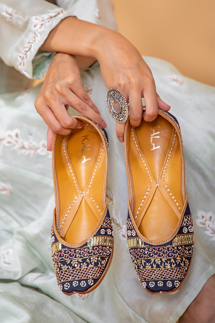 Navy Blue Embroidered Juttis by Kala India
