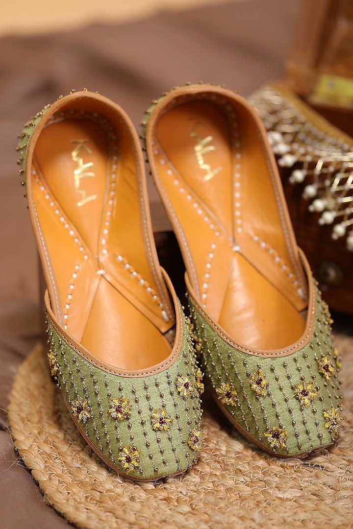 Light Green Embroidered Juttis by Kala India at Pernia's Pop Up Shop