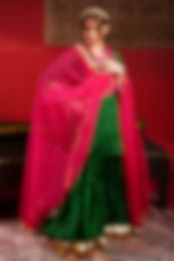 Emerald Green Organza Hand Embroidered Sharara Set For Girls by Klistel at Pernia's Pop Up Shop