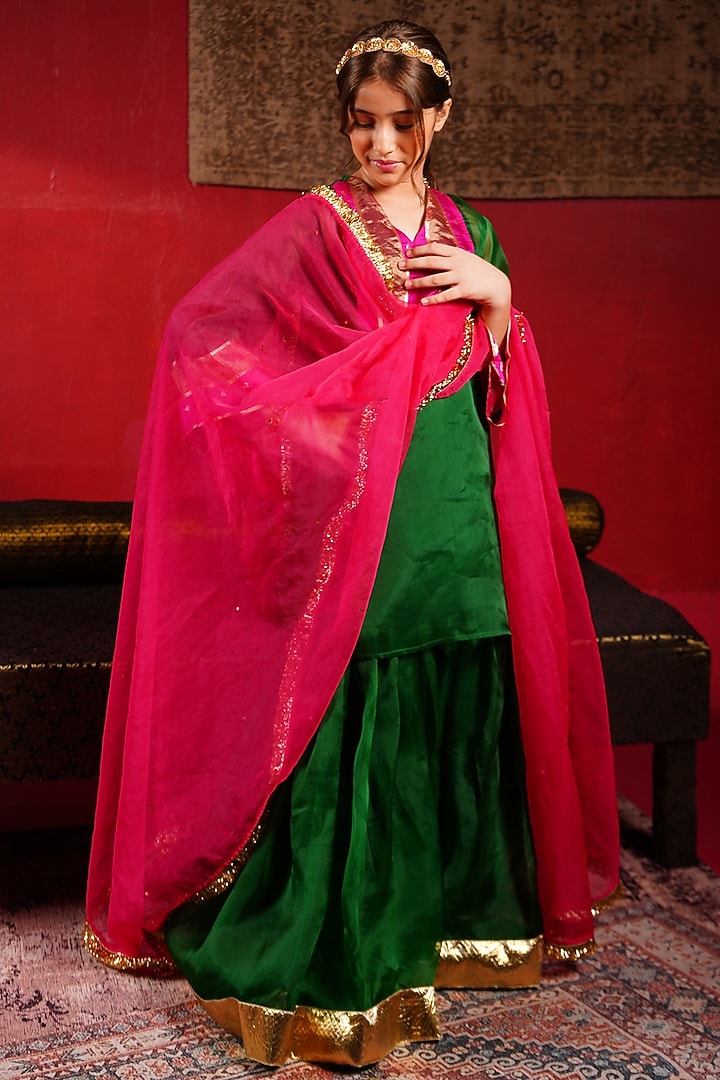 Emerald Green Organza Hand Embroidered Sharara Set For Girls by Klistel at Pernia's Pop Up Shop