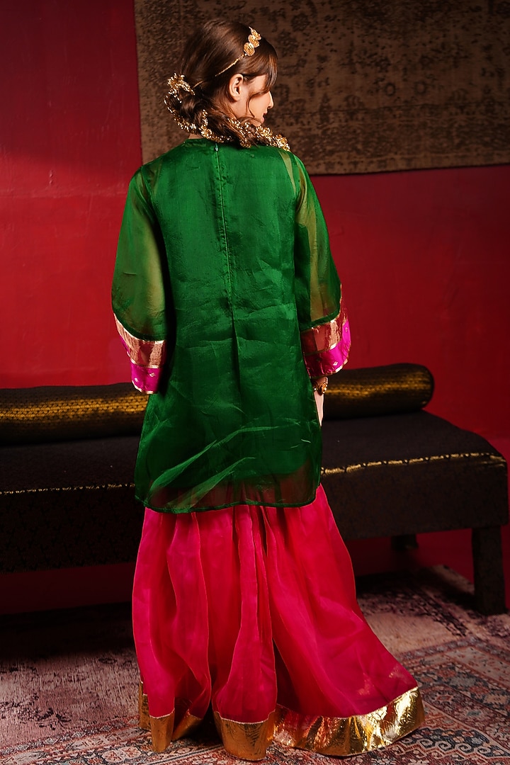 Emerald Green Organza Hand Embroidered Sharara Set For Girls by Klistel at Pernia's Pop Up Shop