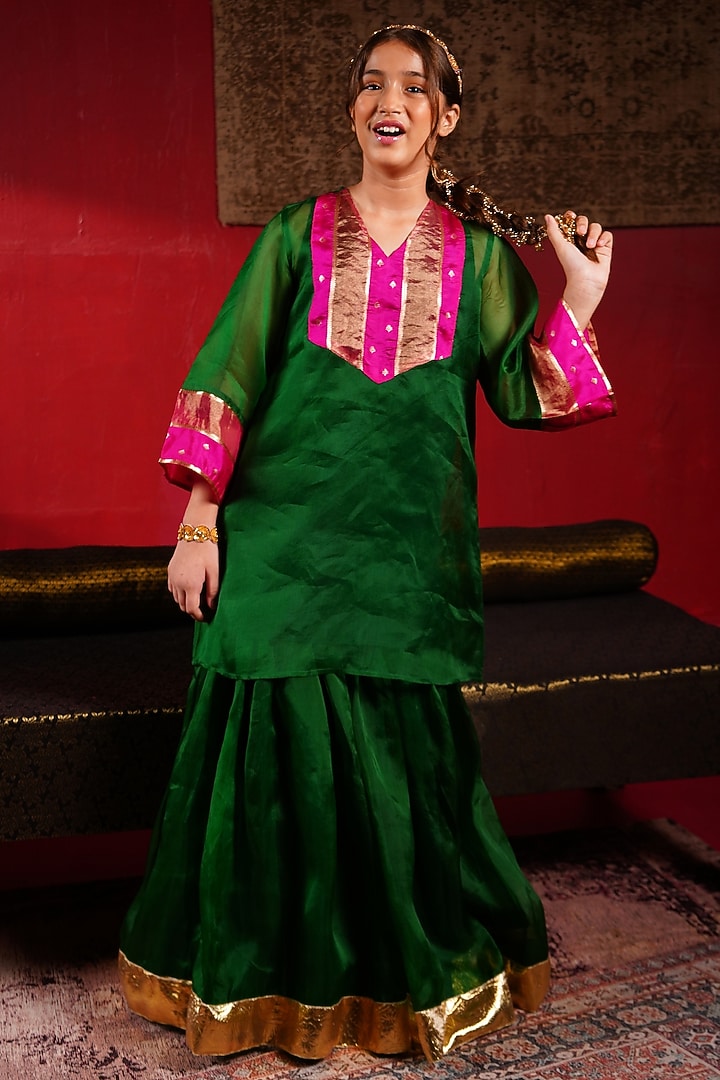 Emerald Green Organza Hand Embroidered Sharara Set For Girls by Klistel at Pernia's Pop Up Shop