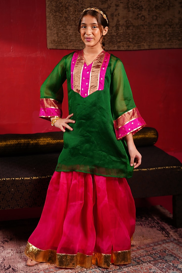 Emerald Green Organza Hand Embroidered Sharara Set For Girls by Klistel at Pernia's Pop Up Shop