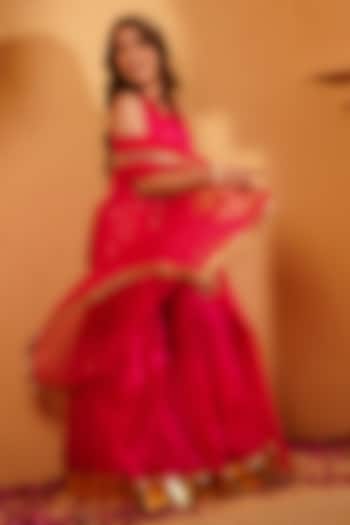 Fuchsia Pink Organza Sequin Embellished Sharara Set For Girls by Klistel at Pernia's Pop Up Shop