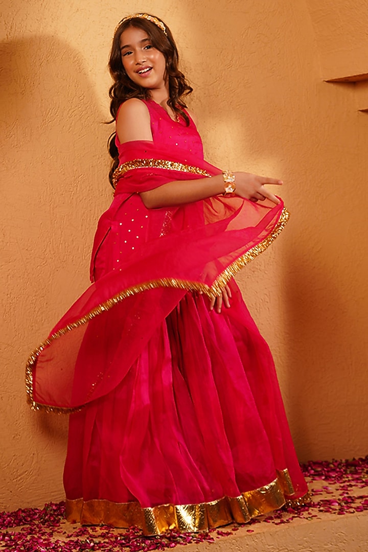 Fuchsia Pink Organza Sequin Embellished Sharara Set For Girls by Klistel at Pernia's Pop Up Shop