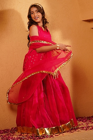Fuchsia Pink Organza Sequin Embellished Sharara Set For Girls by Klistel