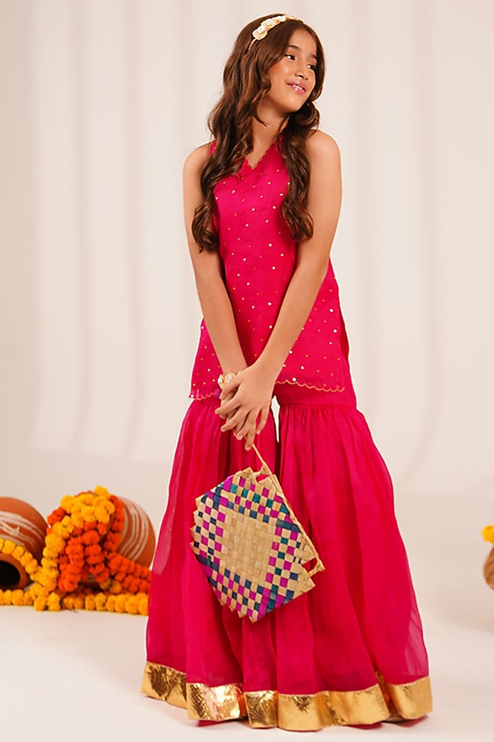 Fuchsia Pink Organza Sequin Embellished Sharara Set For Girls by Klistel at Pernia's Pop Up Shop