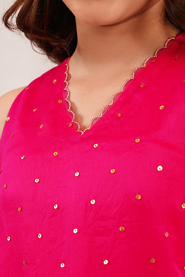 Fuchsia Pink Organza Sequin Embellished Sharara Set For Girls by Klistel at Pernia's Pop Up Shop