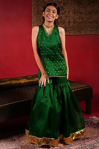Emerald Green Organza Sequin Embellished Sharara Set For Girls by Klistel