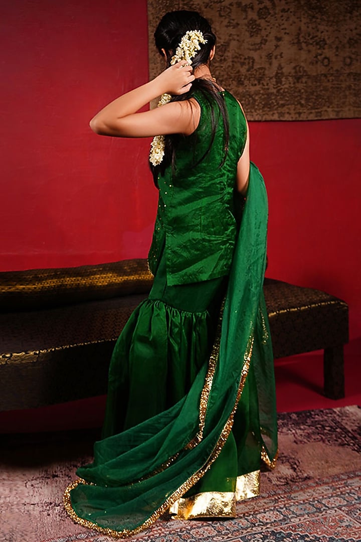 Emerald Green Organza Sequin Embellished Sharara Set For Girls by Klistel at Pernia's Pop Up Shop