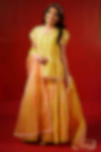 Yellow Pure Chanderi Zari Embroidered & Tie-Dye Printed Sharara Set For Girls by Klistel at Pernia's Pop Up Shop