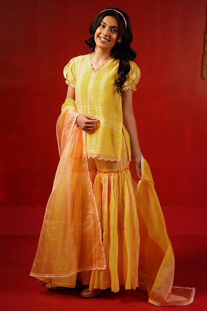 Yellow Pure Chanderi Zari Embroidered & Tie-Dye Printed Sharara Set For Girls by Klistel at Pernia's Pop Up Shop