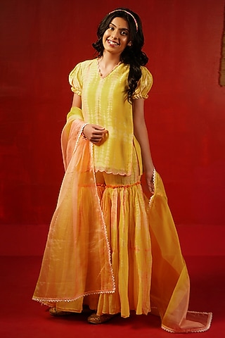 Yellow Pure Chanderi Zari Embroidered & Tie-Dye Printed Sharara Set For Girls by Klistel