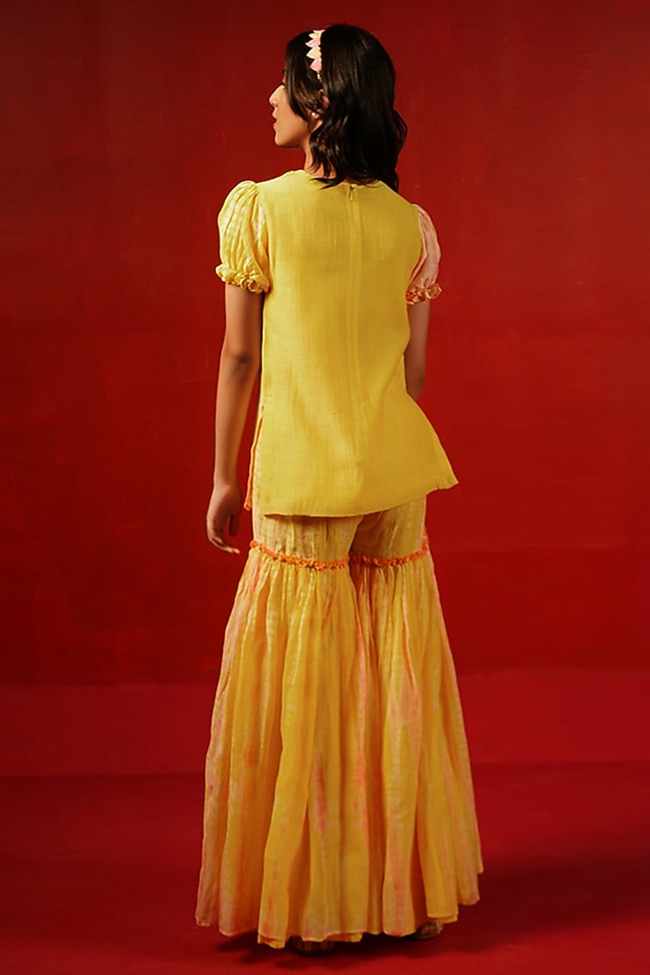 Yellow Pure Chanderi Zari Embroidered & Tie-Dye Printed Sharara Set For Girls by Klistel at Pernia's Pop Up Shop
