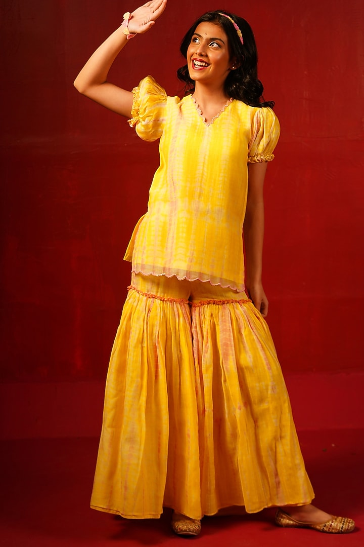 Yellow Pure Chanderi Zari Embroidered & Tie-Dye Printed Sharara Set For Girls by Klistel at Pernia's Pop Up Shop
