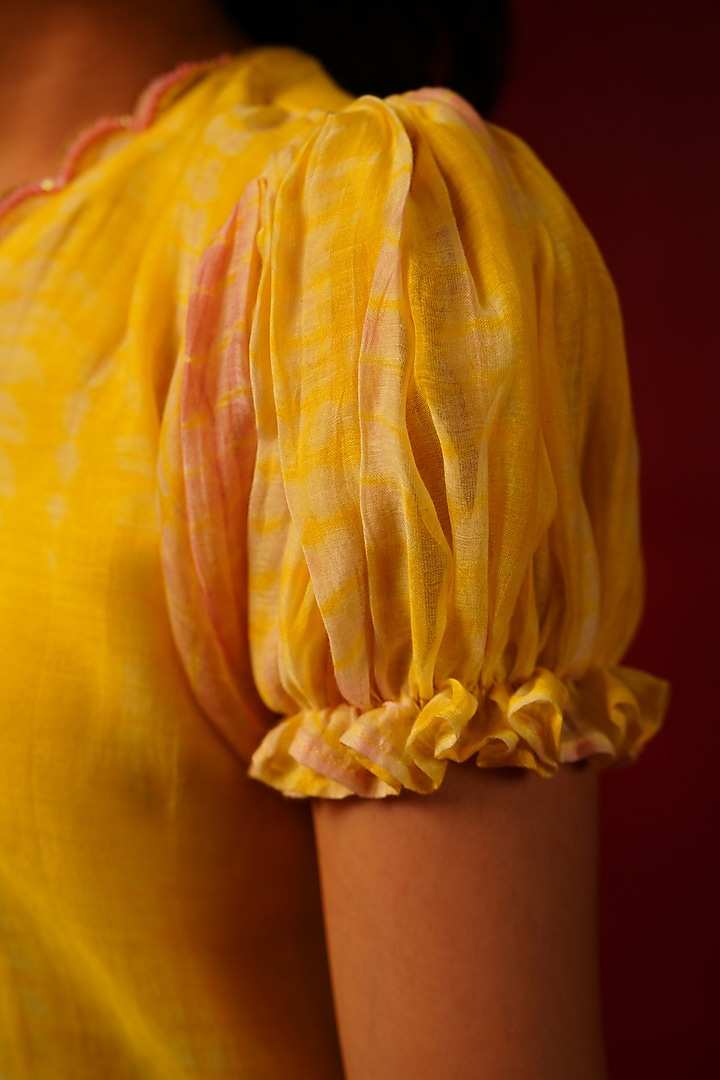 Yellow Pure Chanderi Zari Embroidered & Tie-Dye Printed Sharara Set For Girls by Klistel at Pernia's Pop Up Shop