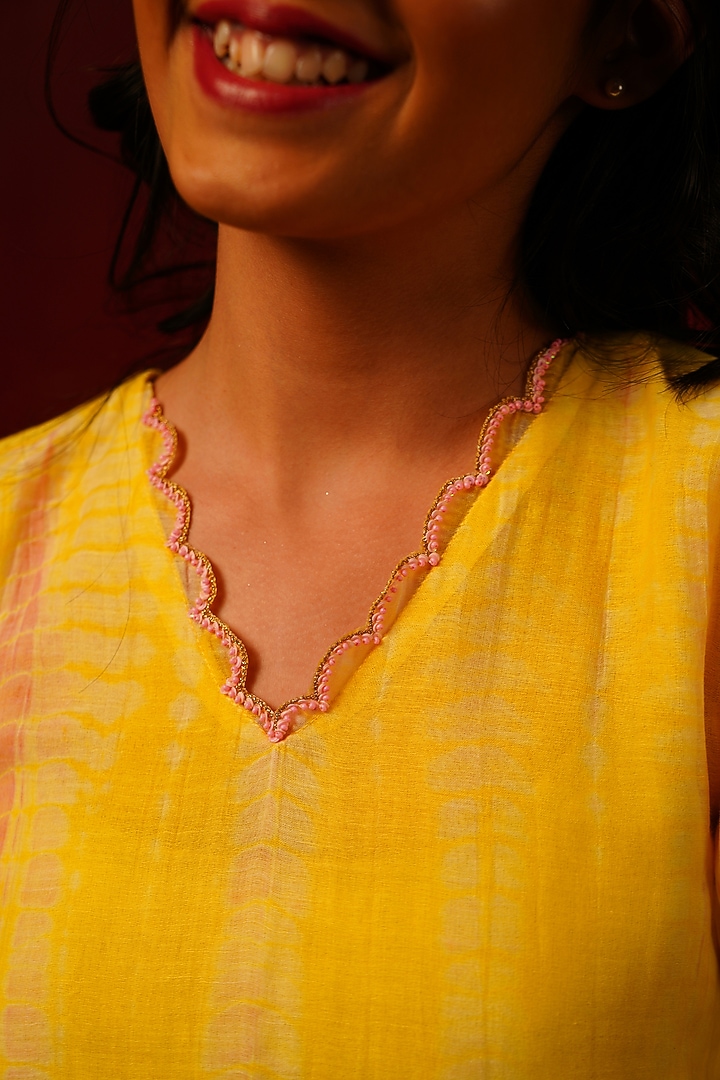 Yellow Pure Chanderi Zari Embroidered & Tie-Dye Printed Sharara Set For Girls by Klistel at Pernia's Pop Up Shop