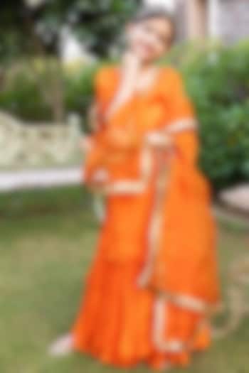 Bright Orange Chinnon Dabka & Sequin Embellished Sharara Set For Girls by Klistel at Pernia's Pop Up Shop