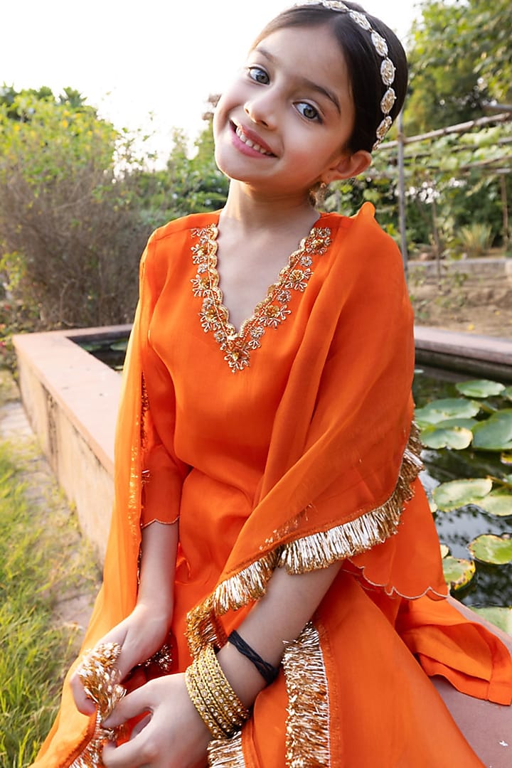 Bright Orange Chinnon Dabka & Sequin Embellished Sharara Set For Girls by Klistel at Pernia's Pop Up Shop