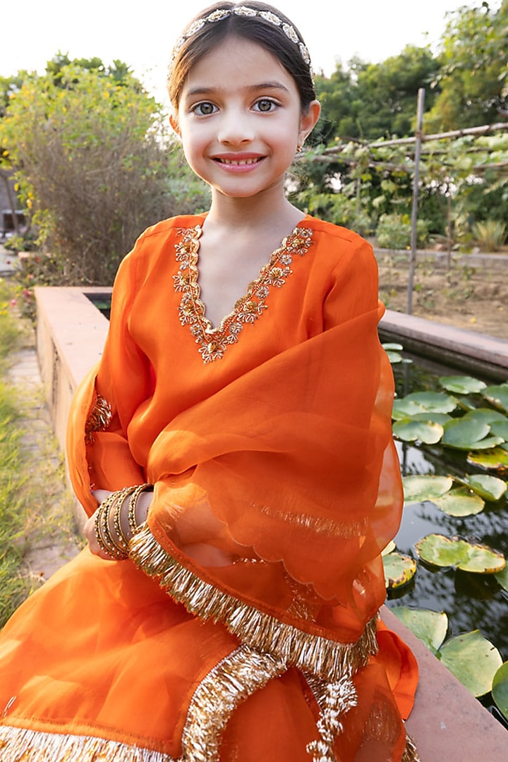 Bright Orange Chinnon Dabka & Sequin Embellished Sharara Set For Girls by Klistel at Pernia's Pop Up Shop