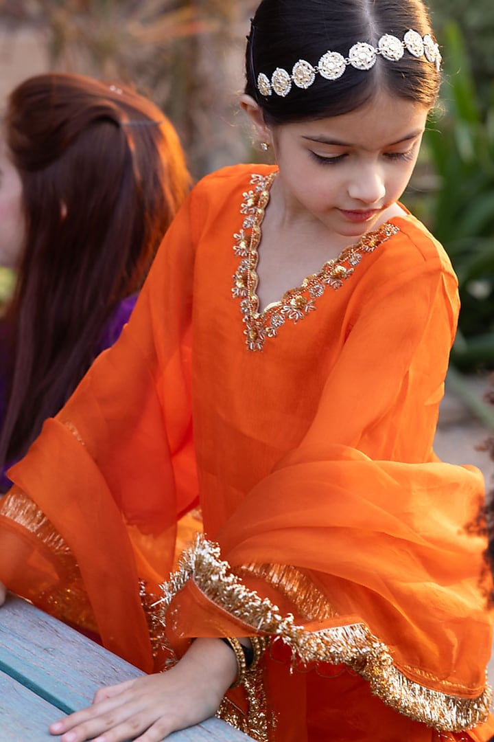 Bright Orange Chinnon Dabka & Sequin Embellished Sharara Set For Girls by Klistel at Pernia's Pop Up Shop