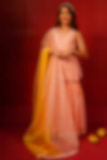 Peach Pure Chanderi Floral Embroidered Tie-Dye Printed Sharara Set For Girls by Klistel at Pernia's Pop Up Shop