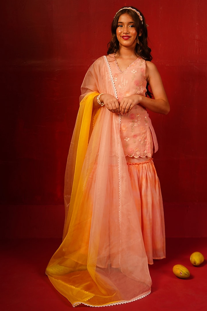 Peach Pure Chanderi Floral Embroidered Tie-Dye Printed Sharara Set For Girls by Klistel at Pernia's Pop Up Shop
