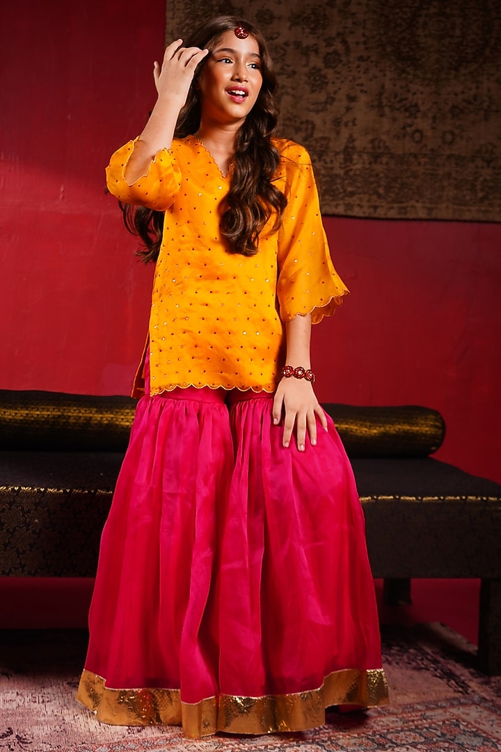 Fuchsia Pink Organza Sequin Embellished Sharara Set For Girls by Klistel at Pernia's Pop Up Shop