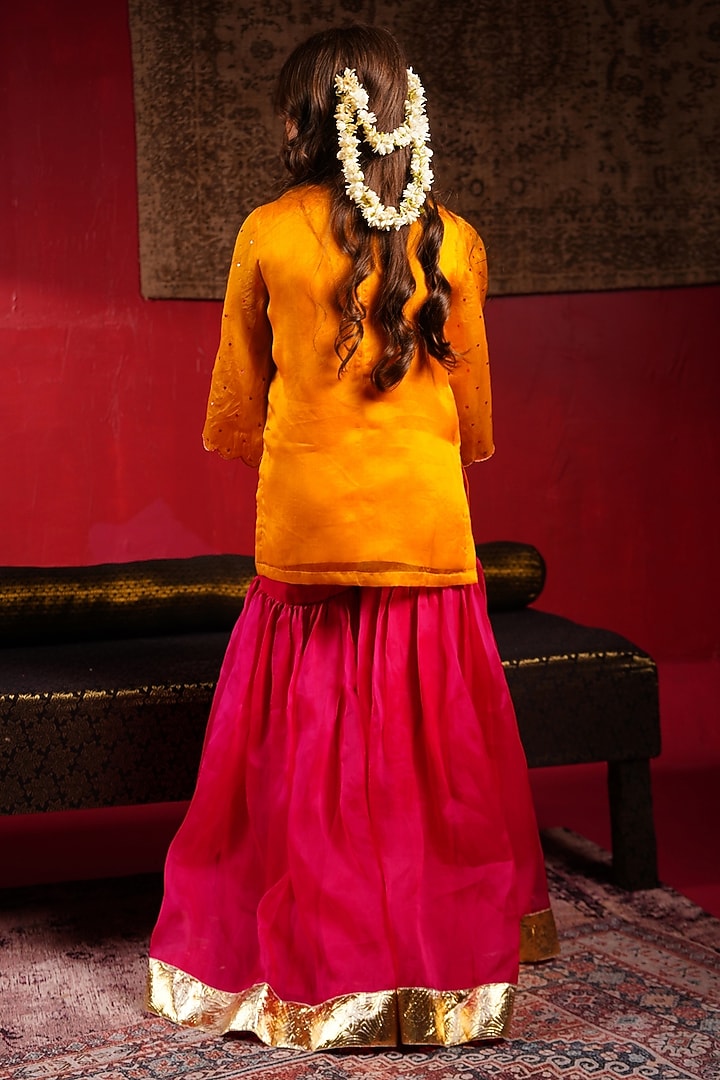 Fuchsia Pink Organza Sequin Embellished Sharara Set For Girls by Klistel at Pernia's Pop Up Shop