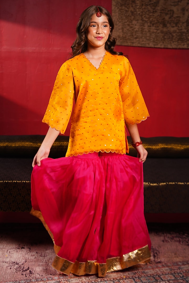 Fuchsia Pink Organza Sequin Embellished Sharara Set For Girls by Klistel at Pernia's Pop Up Shop