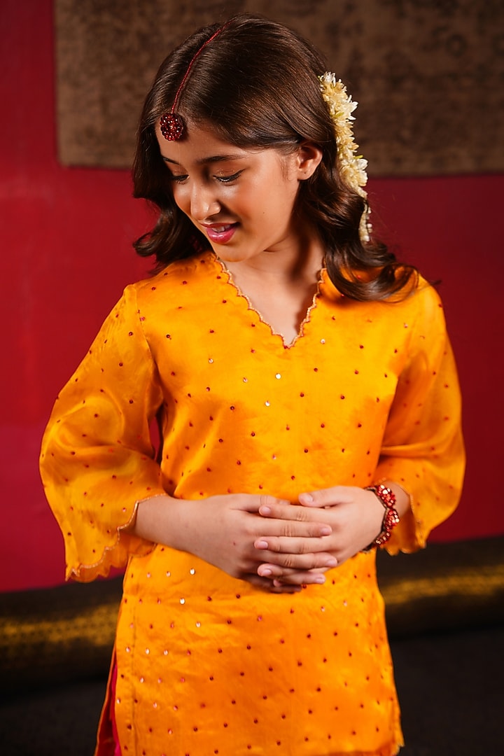 Fuchsia Pink Organza Sequin Embellished Sharara Set For Girls by Klistel at Pernia's Pop Up Shop