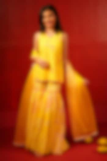 Yellow Pure Chanderi Floral Embroidered Tie-Dye Printed Sharara Set For Girls by Klistel at Pernia's Pop Up Shop