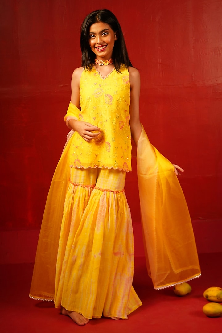 Yellow Pure Chanderi Floral Embroidered Tie-Dye Printed Sharara Set For Girls by Klistel at Pernia's Pop Up Shop