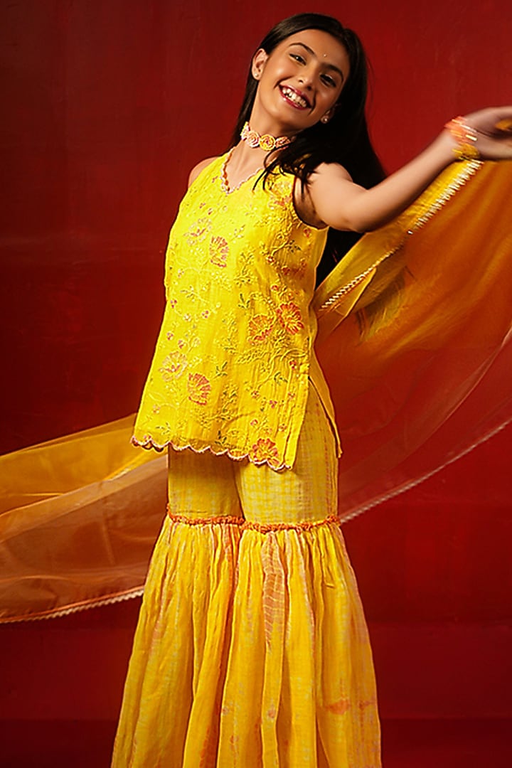 Yellow Pure Chanderi Floral Embroidered Tie-Dye Printed Sharara Set For Girls by Klistel at Pernia's Pop Up Shop