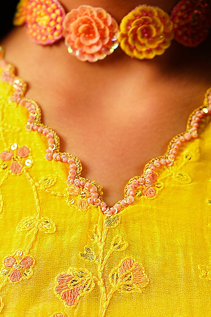 Yellow Pure Chanderi Floral Embroidered Tie-Dye Printed Sharara Set For Girls by Klistel at Pernia's Pop Up Shop