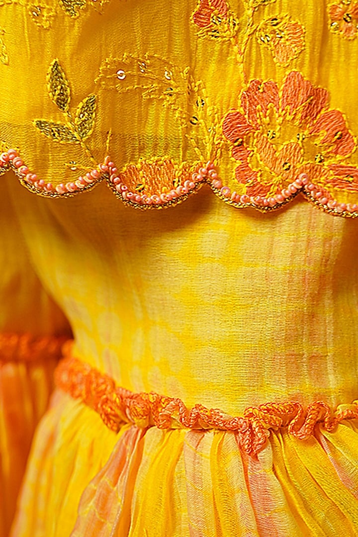 Yellow Pure Chanderi Floral Embroidered Tie-Dye Printed Sharara Set For Girls by Klistel at Pernia's Pop Up Shop
