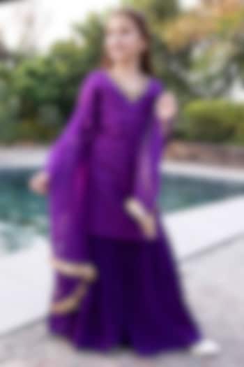 Deep Purple Chinnon Dabka & Sequin Embellished Sharara Set For Girls by Klistel at Pernia's Pop Up Shop