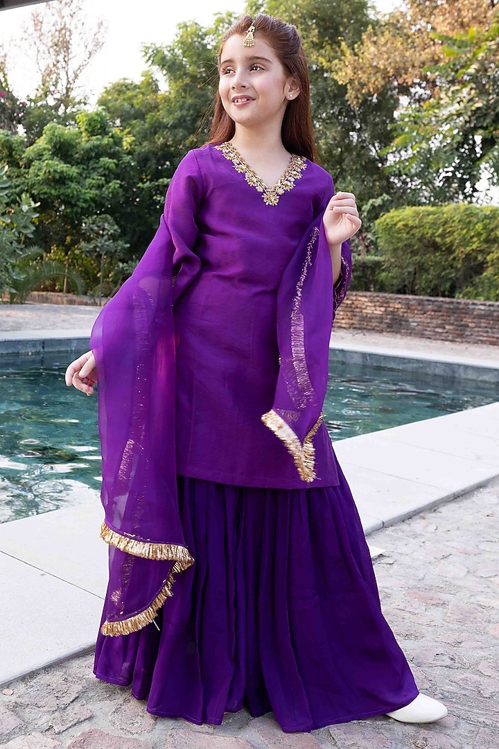 Deep Purple Chinnon Dabka & Sequin Embellished Sharara Set For Girls by Klistel at Pernia's Pop Up Shop