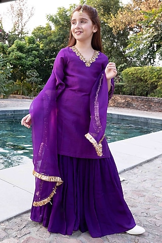Deep Purple Chinnon Dabka & Sequin Embellished Sharara Set For Girls by Klistel