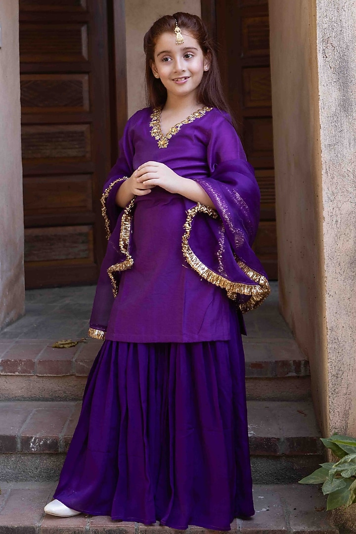 Deep Purple Chinnon Dabka & Sequin Embellished Sharara Set For Girls by Klistel at Pernia's Pop Up Shop