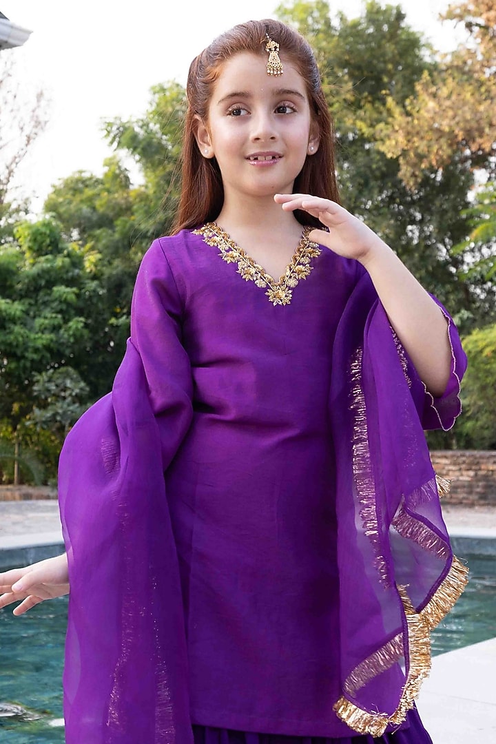 Deep Purple Chinnon Dabka & Sequin Embellished Sharara Set For Girls by Klistel at Pernia's Pop Up Shop
