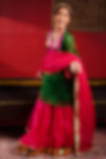 Emerald Green Organza Hand Embroidered Sharara Set For Girls by Klistel at Pernia's Pop Up Shop