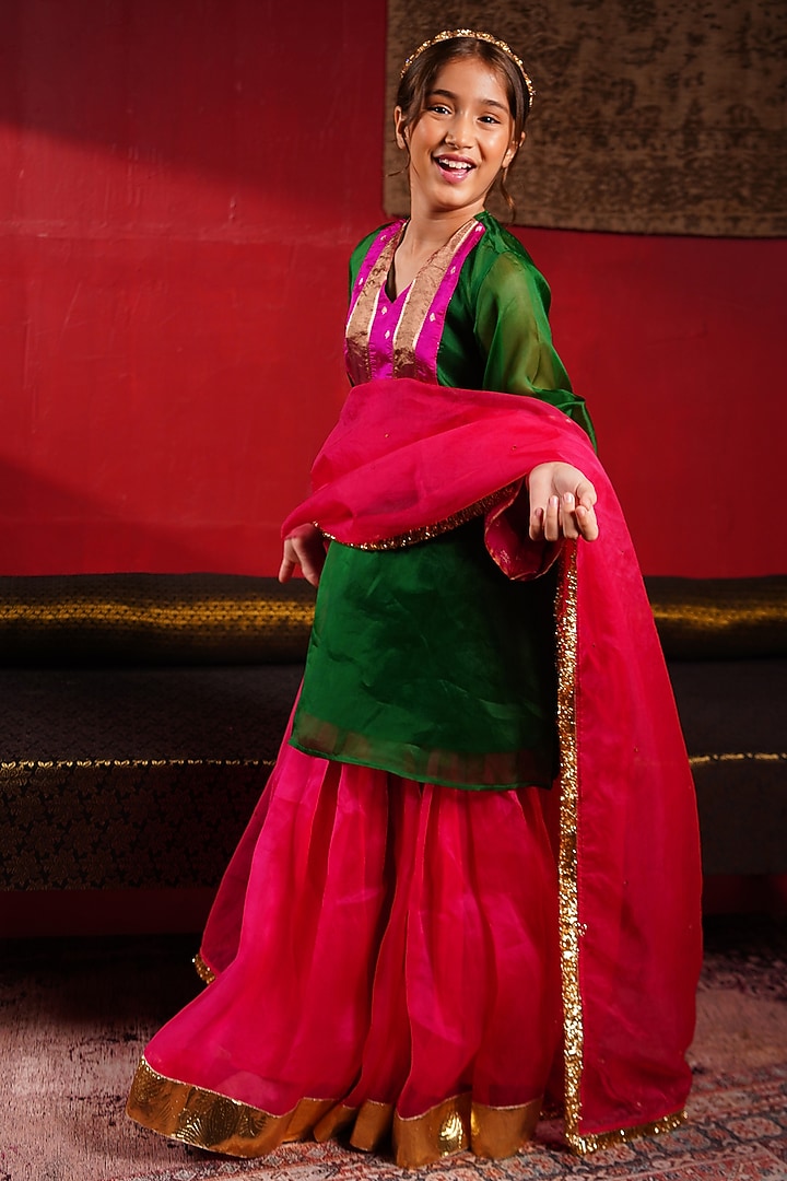 Emerald Green Organza Hand Embroidered Sharara Set For Girls by Klistel at Pernia's Pop Up Shop