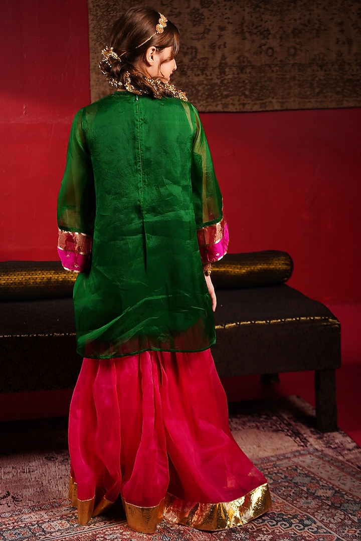 Emerald Green Organza Hand Embroidered Sharara Set For Girls by Klistel at Pernia's Pop Up Shop