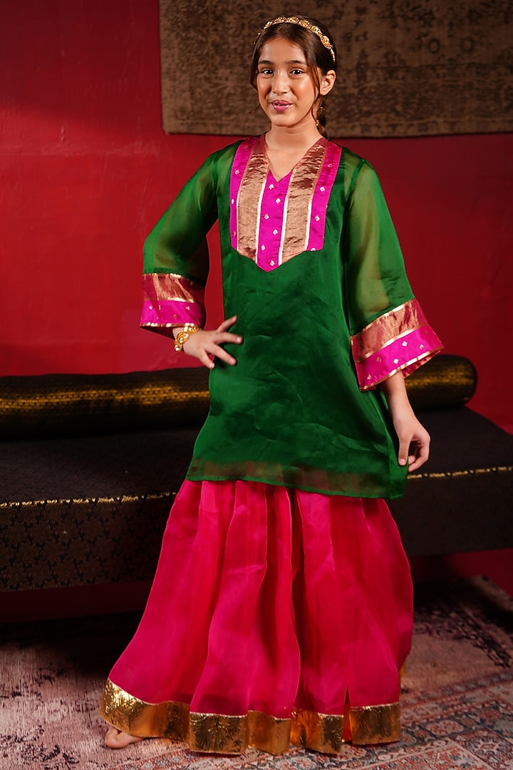 Emerald Green Organza Hand Embroidered Sharara Set For Girls by Klistel at Pernia's Pop Up Shop