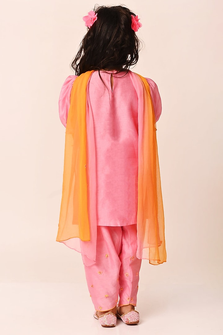 English Peach Chanderi Floral Sequin Embellished Kurta Set For Girls by Klistel at Pernia's Pop Up Shop
