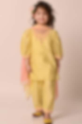 Pastel Yellow Chanderi Stone & Sequin Embroidered Kurta Set For Girls by Klistel at Pernia's Pop Up Shop