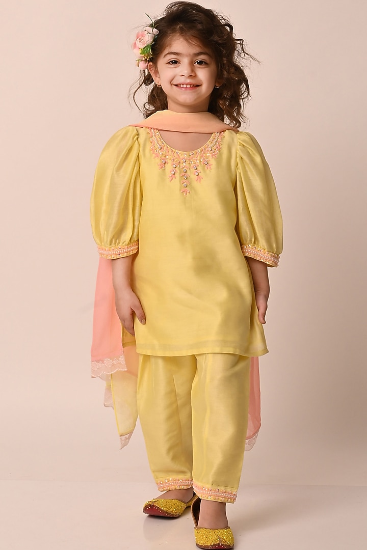 Pastel Yellow Chanderi Stone & Sequin Embroidered Kurta Set For Girls by Klistel at Pernia's Pop Up Shop